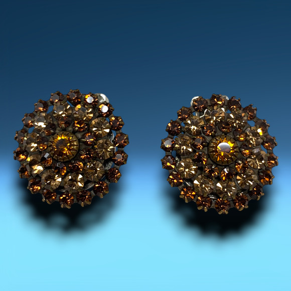 Vintage NEW 1980's Mistar Bijoux Brown Crystal Cluster Clip On Earrings Runway - Picture 1 of 6